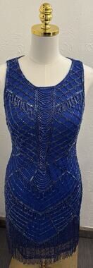 Rachel Allan Royal Blue Beaded Fringe Flapper Cocktail Homecoming Mini Dress 10